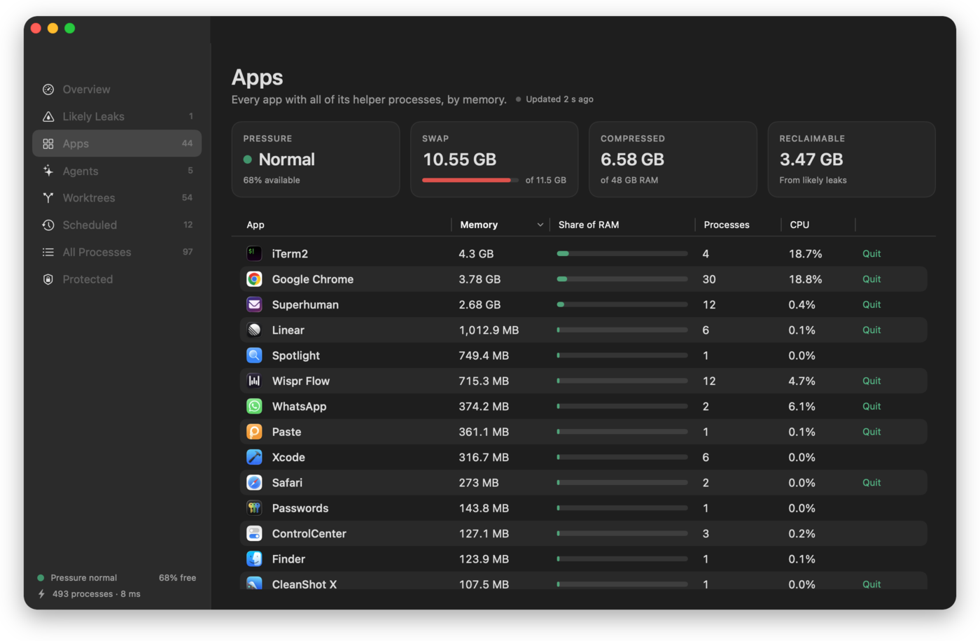 Apps view in dark mode