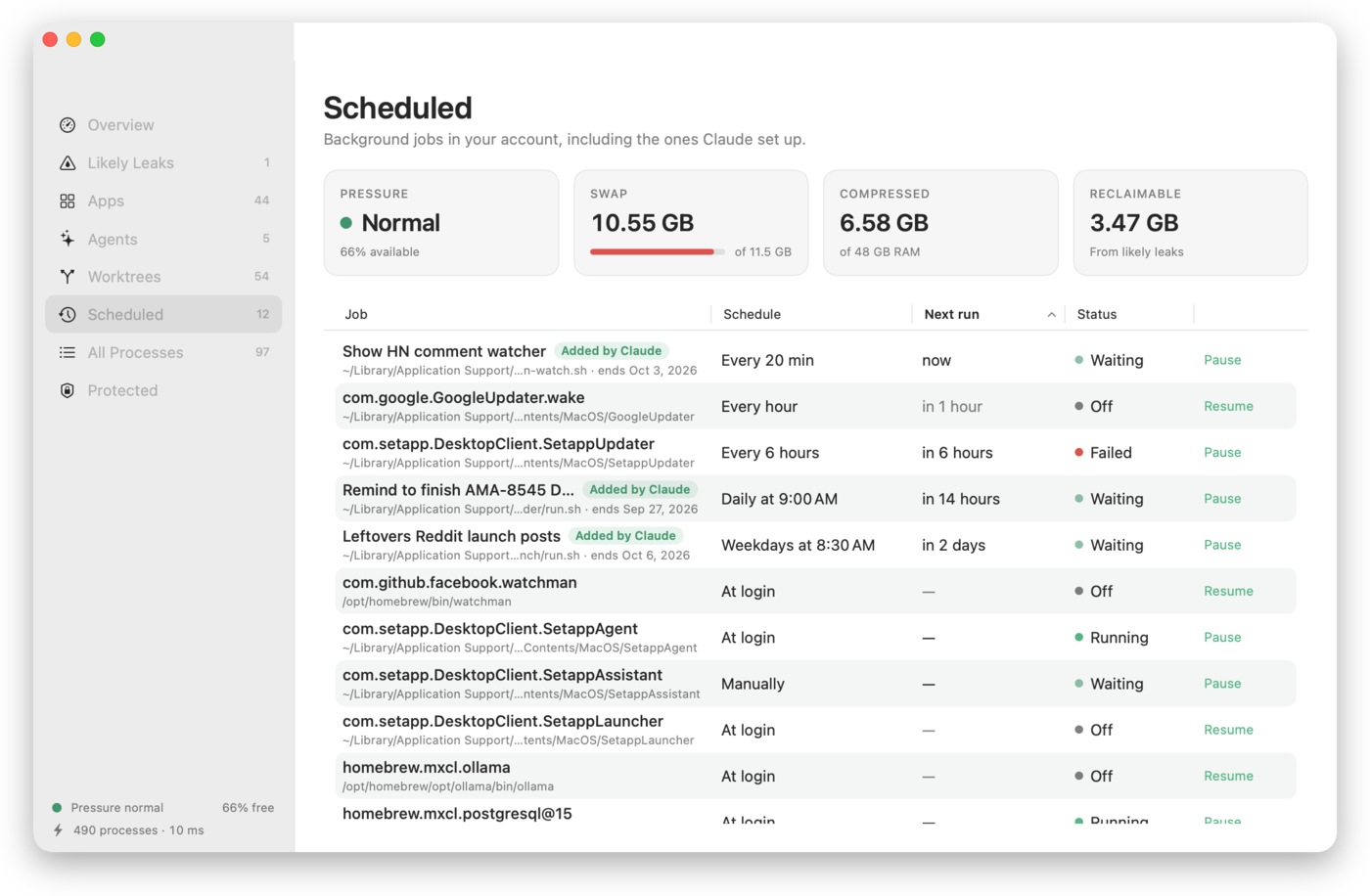 Scheduled view: background jobs with schedules, next run and status, two labelled Added by Claude